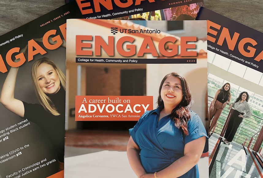 A montage of past issues of Engage